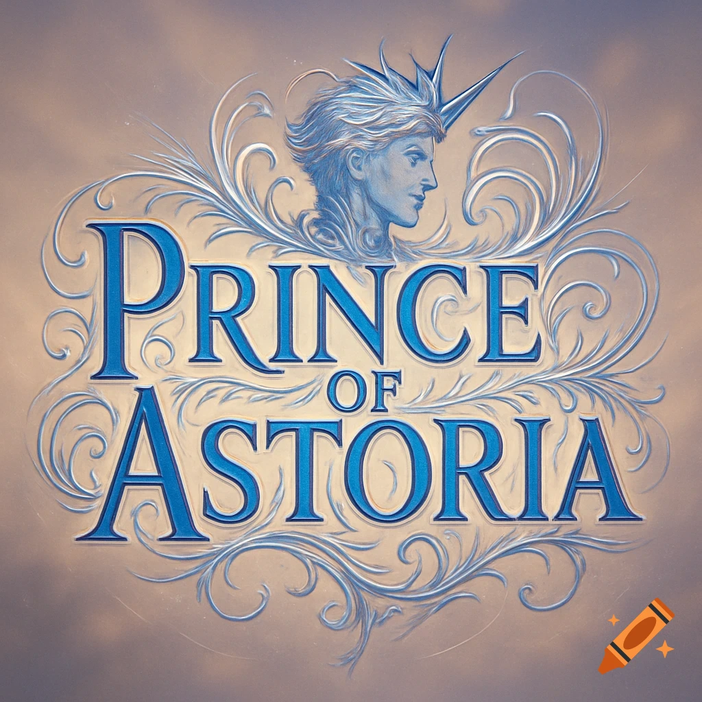 Stylized logo for "Prince of Astoria" with a profile bust of a crowned prince amidst ornate blue filigree.