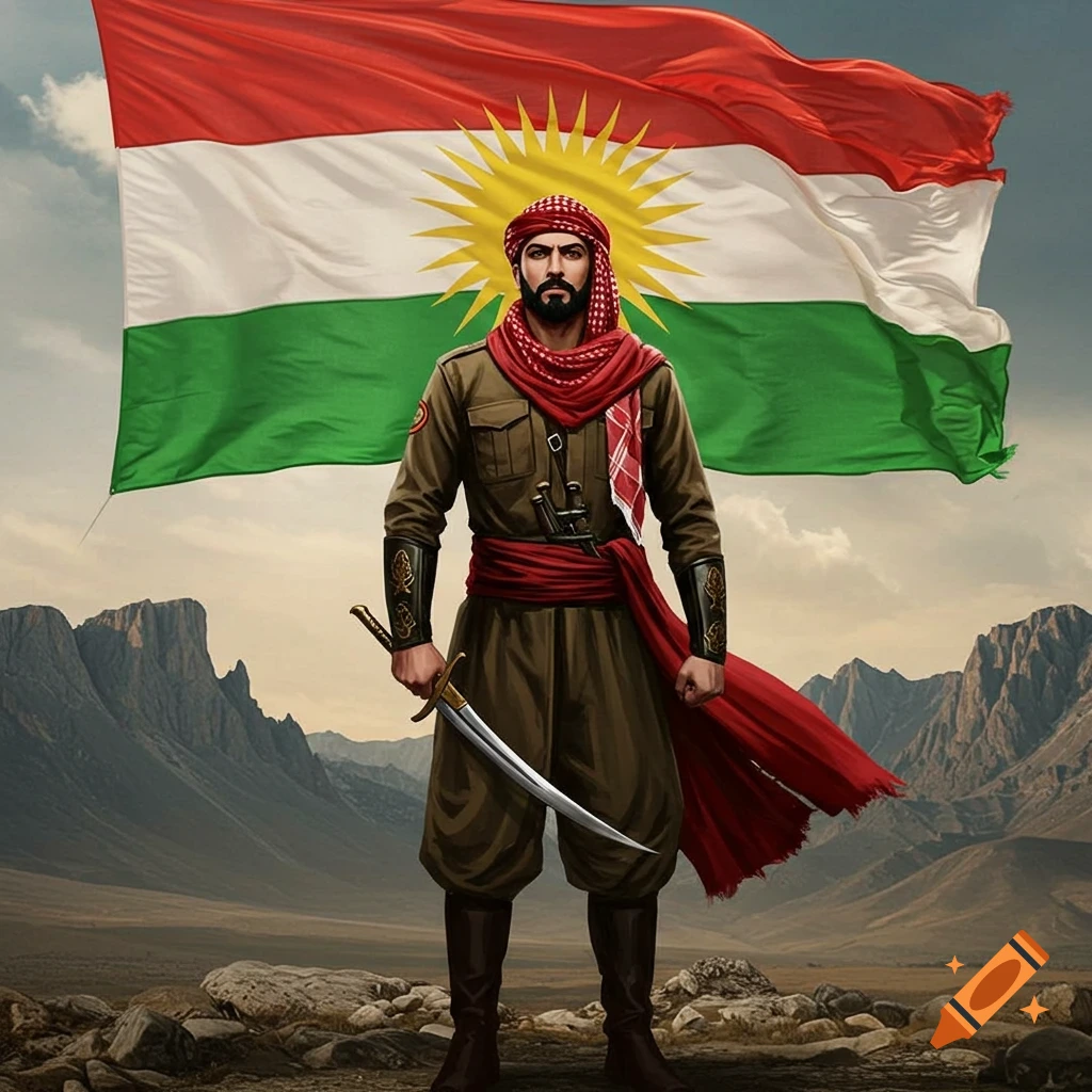 A determined Kurdish warrior in traditional military uniform and red headscarf stands with a sword before a waving Kurdish flag and majestic mountains.