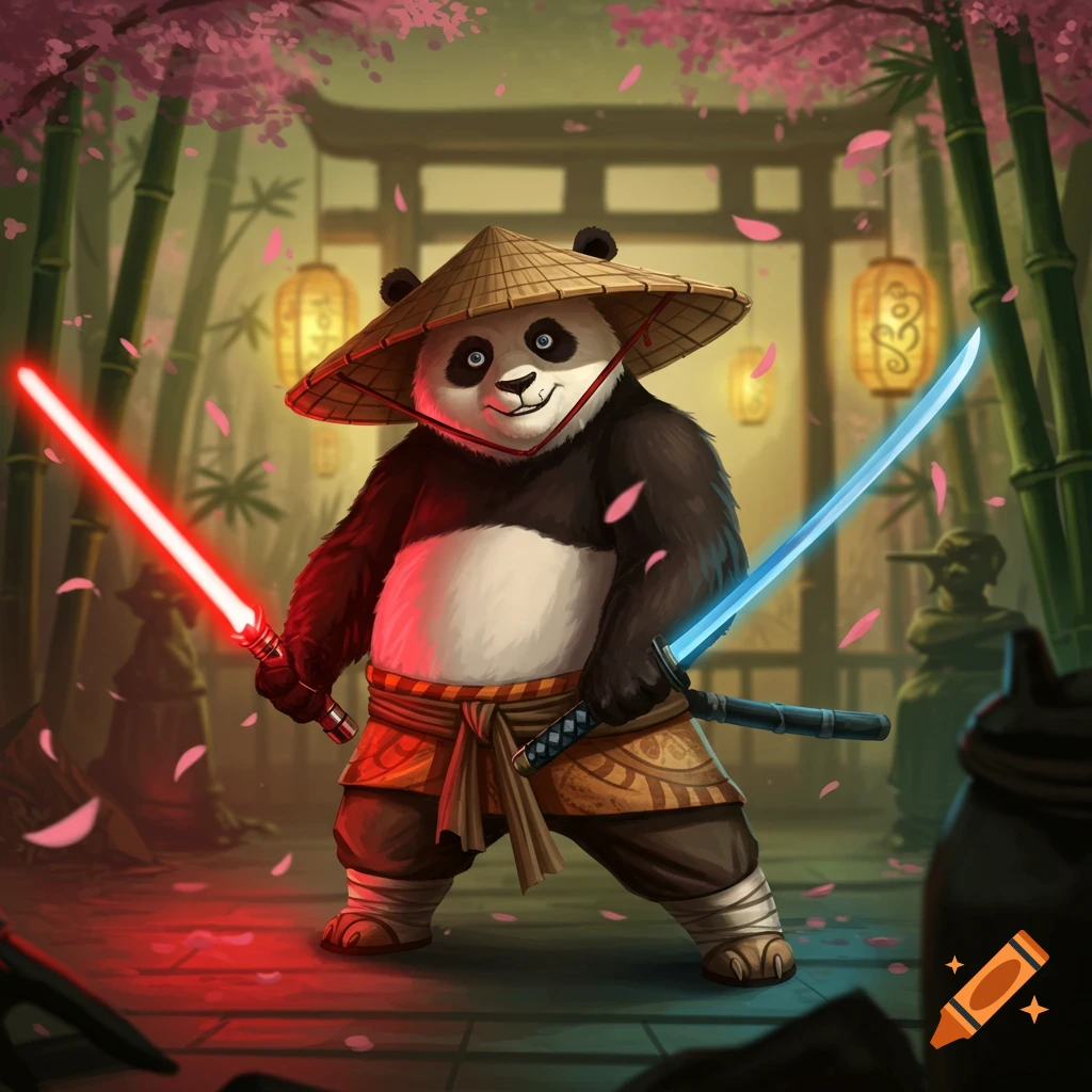 A cartoon panda wearing a straw hat holds a red lightsaber and a blue katana, standing in a bamboo garden with cherry blossoms.