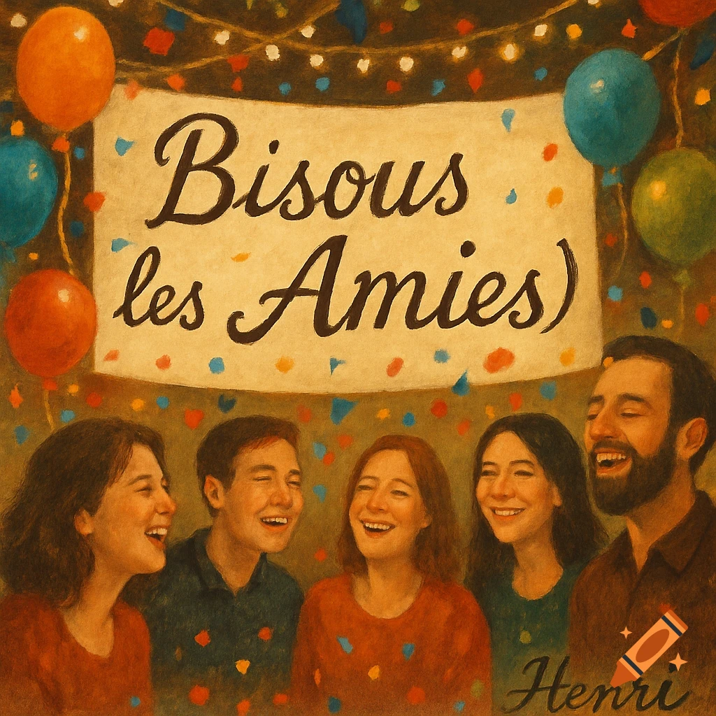 An oil painting depicts five smiling friends beneath a banner reading "Bisous les Amies)" and balloons, with confetti falling.