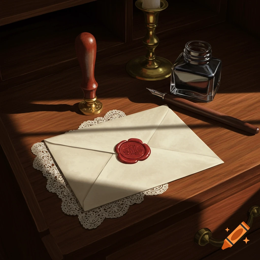 A cream-colored envelope with a red wax seal showing a stylized 'M' rests on a white lace doily on a wooden desk. An inkwell, quill pen, and brass candle holder are beside it, illuminated by sunlight streaming in.