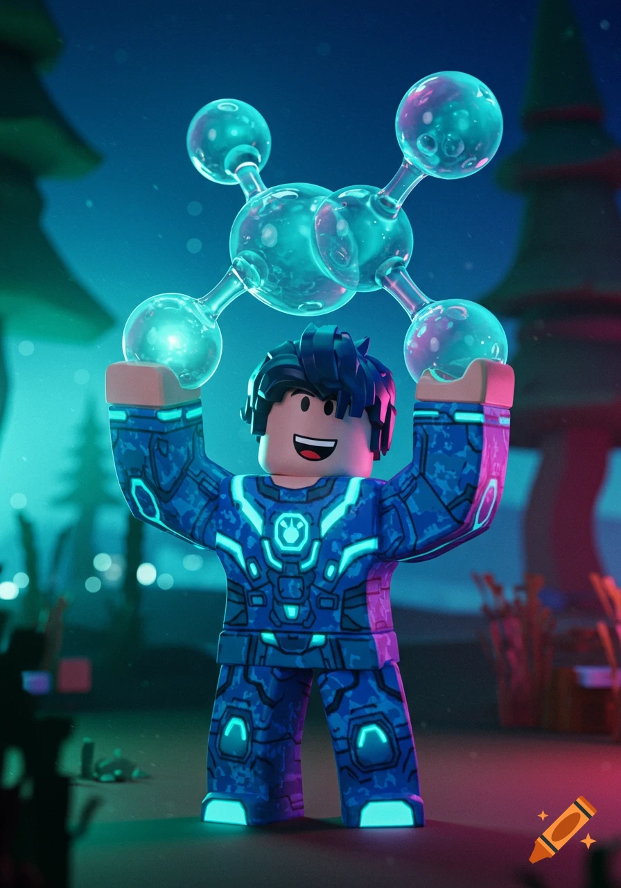 A Roblox character in a blue glowing suit holds a large, translucent molecule above its head in a dark, stylized setting.