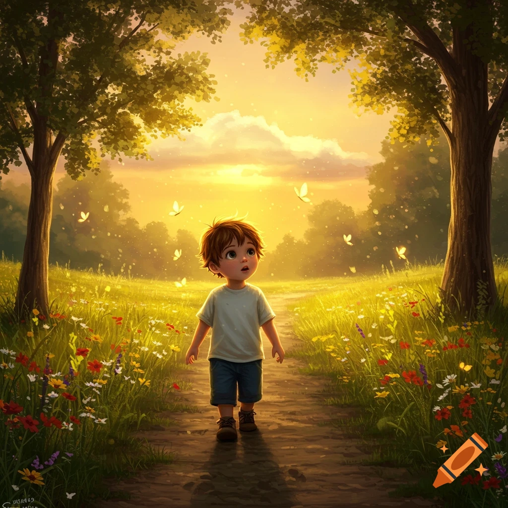 A whimsical illustration of a wide-eyed boy walking on a sunlit path through a field of wildflowers with glowing butterflies.