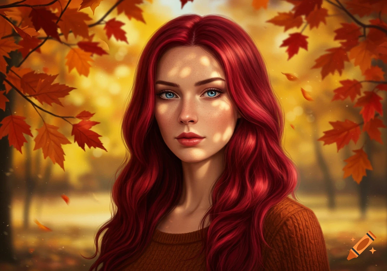 A woman with long red hair and blue eyes looks forward, dappled sunlight on her face, surrounded by vibrant autumn leaves.