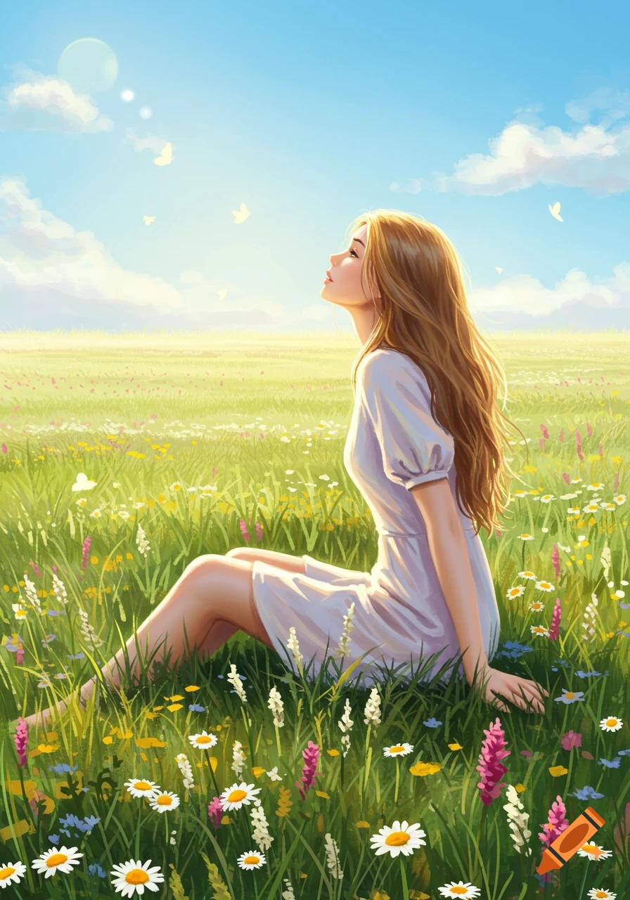 A woman with long brown hair sits in a vibrant flower field, looking up at the sky. Digital art style.