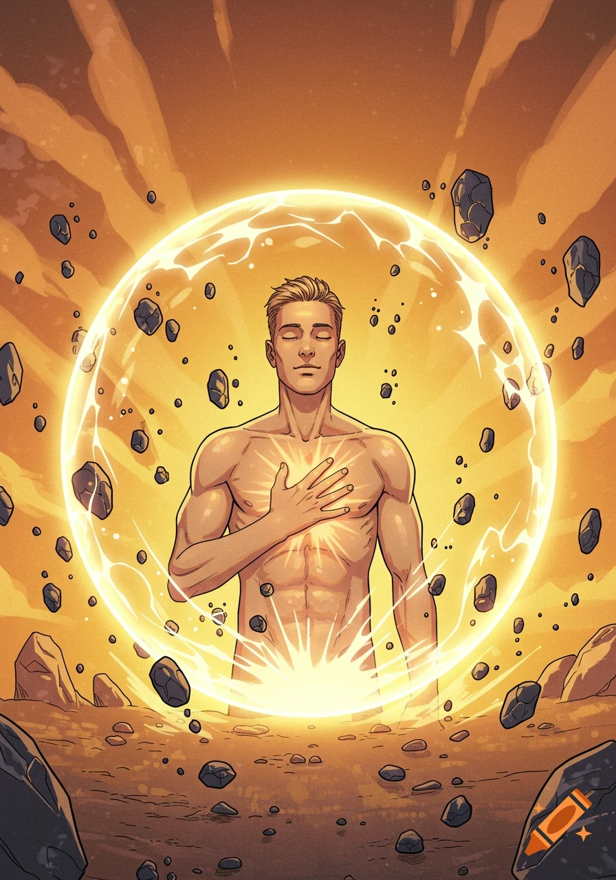 Comic illustration of a man with closed eyes, hand on his chest, within a glowing energy shield deflecting rocks.