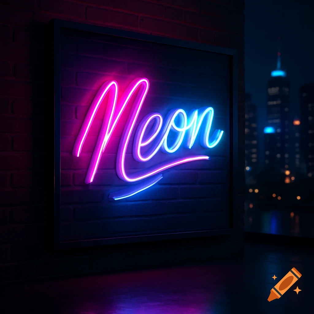 A vibrant pink and blue neon sign spelling 'Neon' mounted on a brick wall, with a blurry city skyline at night in the background.