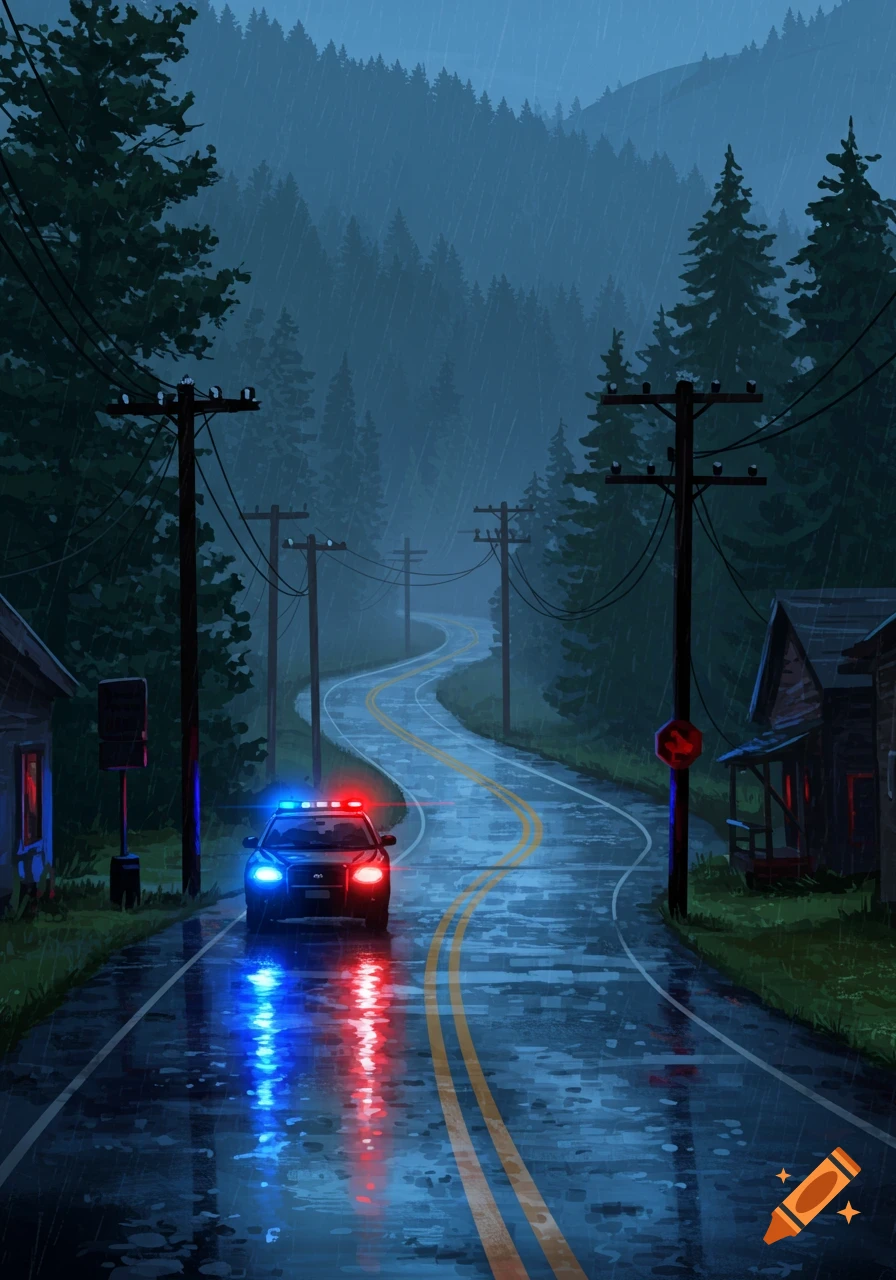 Digital art of a police car on a wet, winding road in a rainy forest at night, its red and blue lights reflecting.