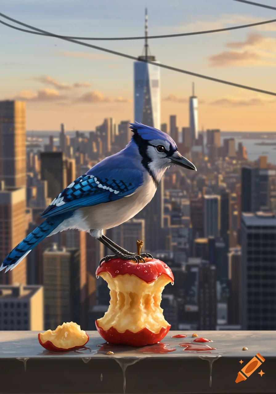 A blue jay perches on a half-eaten red apple core on a city ledge, with a blurry New York City skyline at sunset in the background.