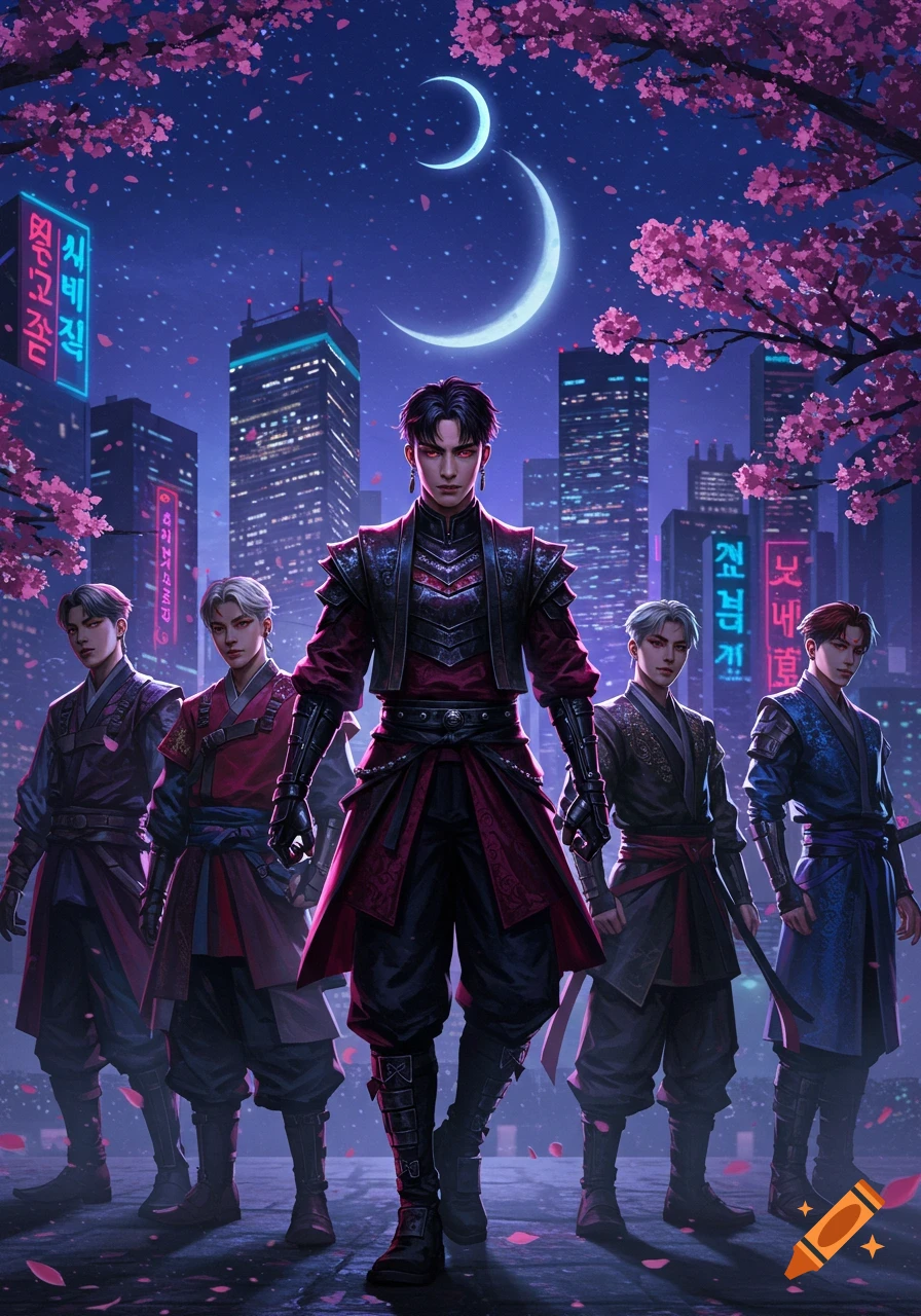 Five Kpop-style male demon hunters in dark, ornate outfits stand under a crescent moon in a futuristic city with cherry blossoms and neon signs.