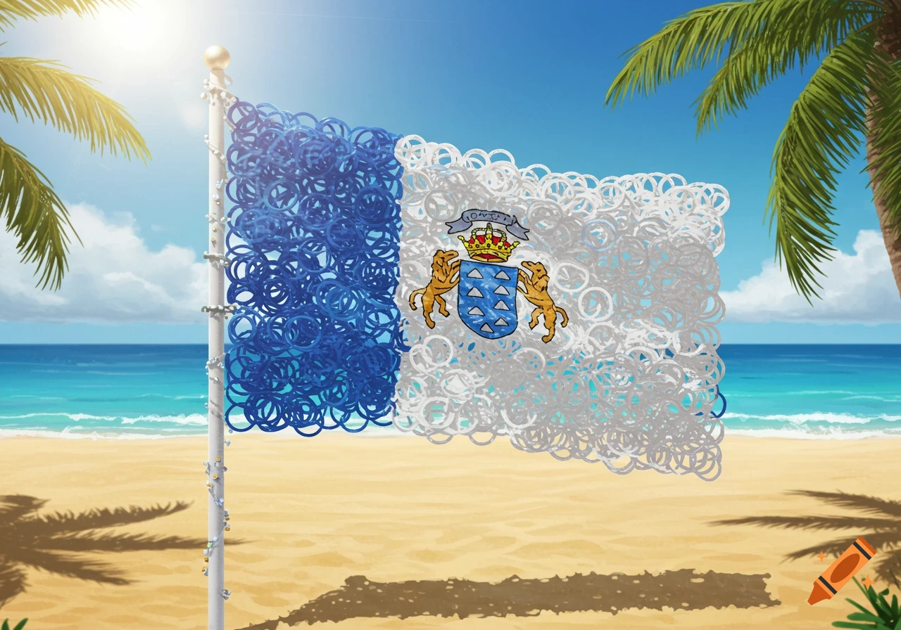 A stylized flag of the Canary Islands made of blue and white plastic bracelets waves on a sunny tropical beach with palm trees and ocean.
