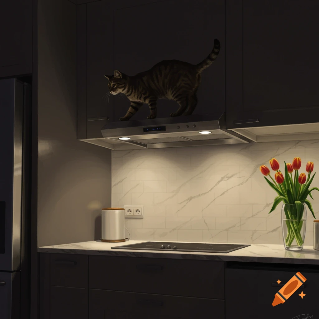 A tabby cat perched on top of kitchen cabinets and a range hood, illuminated by under-cabinet lighting. Red tulips are in a vase on the counter.