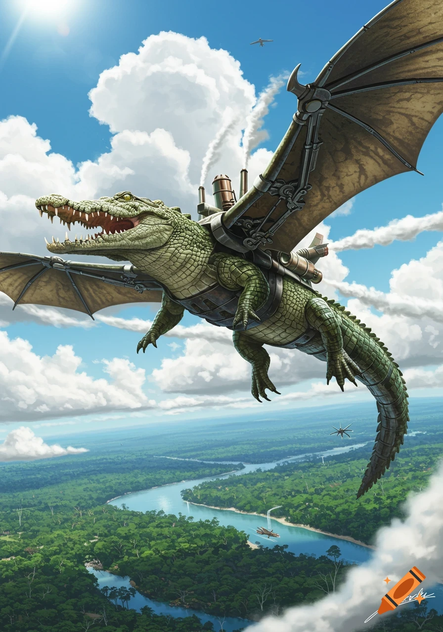 A large, green crocodile with intricate steampunk wings and smokestacks flies over a winding river through a dense jungle under a bright blue sky.