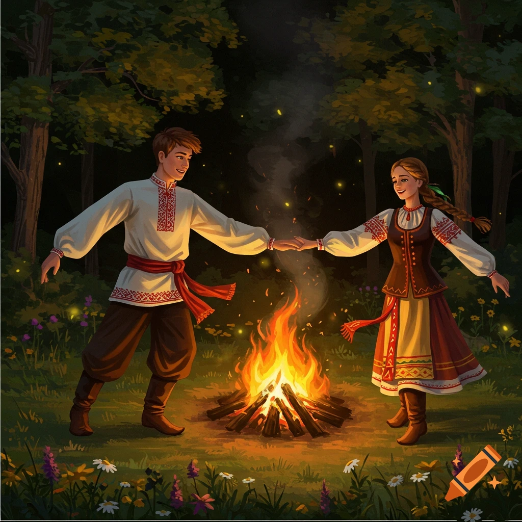 Young Slavic man and woman in traditional attire dancing hand-in-hand around a vibrant bonfire in a dark forest.