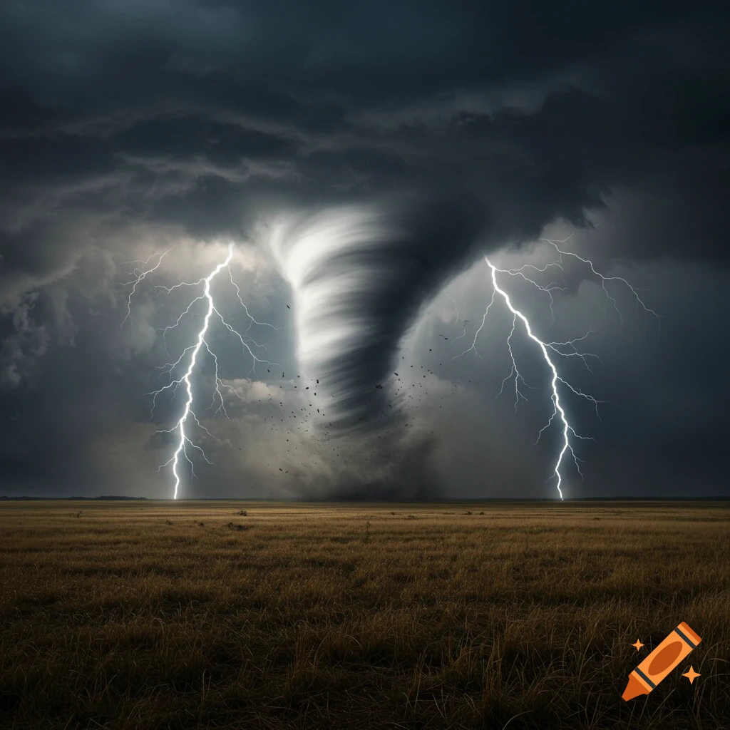 A photorealistic image of a powerful tornado with lightning bolts striking a vast, dry field under a dark, stormy sky.