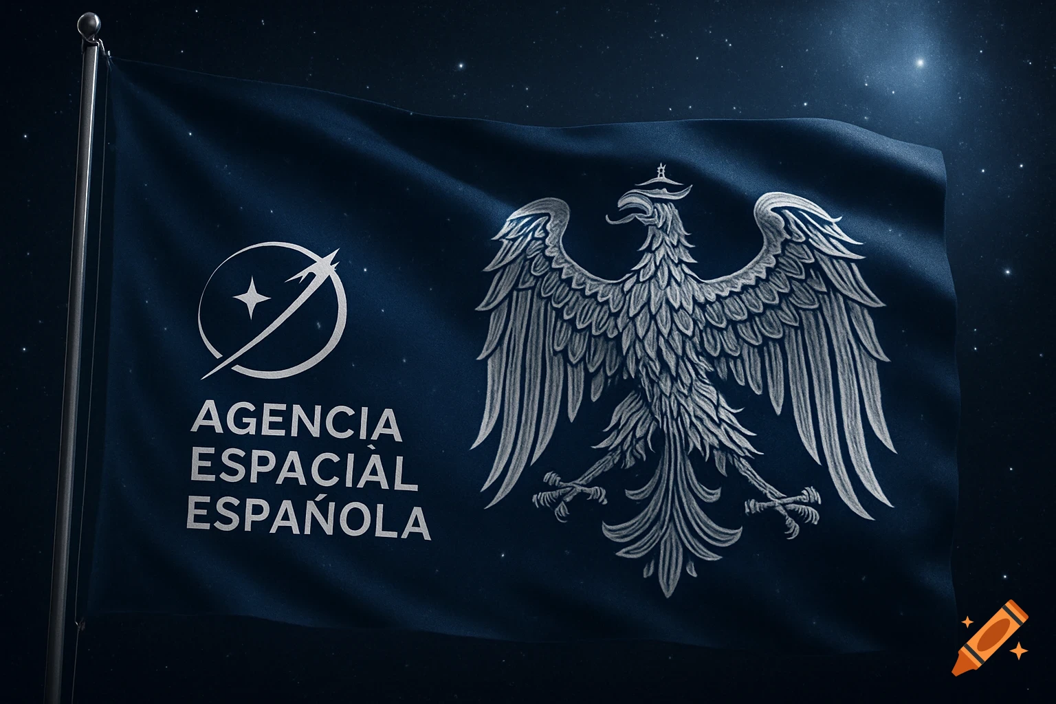 A dark blue flag with the Spanish Space Agency logo and an imperial eagle, waving against a starry night sky.