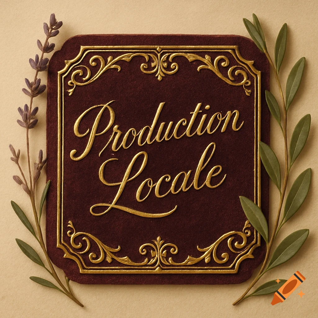 A luxurious dark red label with gold ornate borders and 'Production Locale' in gold script, flanked by lavender and green leaves on a light background.