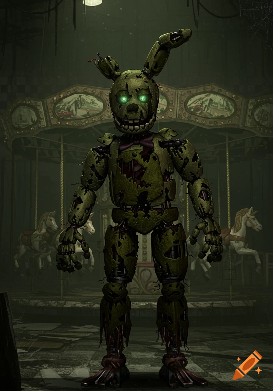A decaying, olive green animatronic rabbit with glowing green eyes and exposed wires stands in an abandoned carousel room.