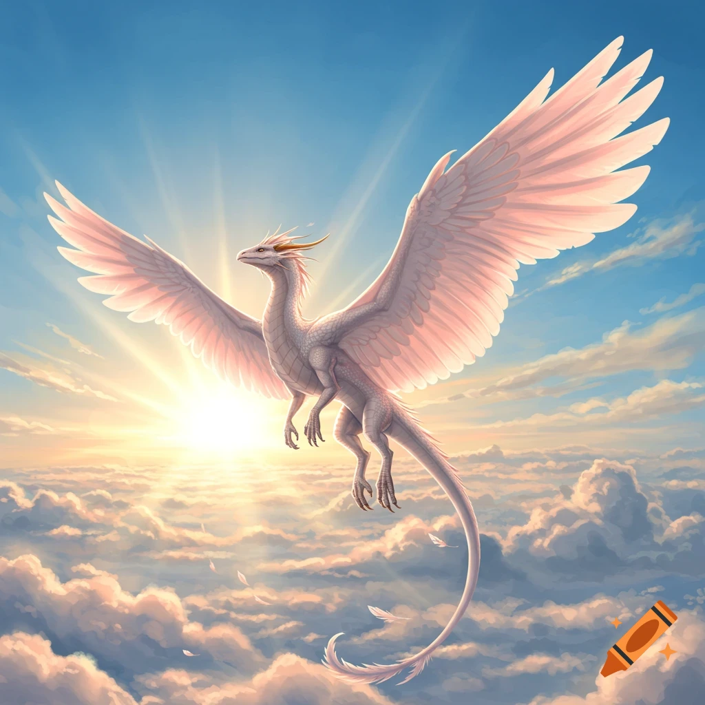 A white feathered dragon with pink-tinged wings flies majestically through a vibrant sky filled with clouds during sunrise.