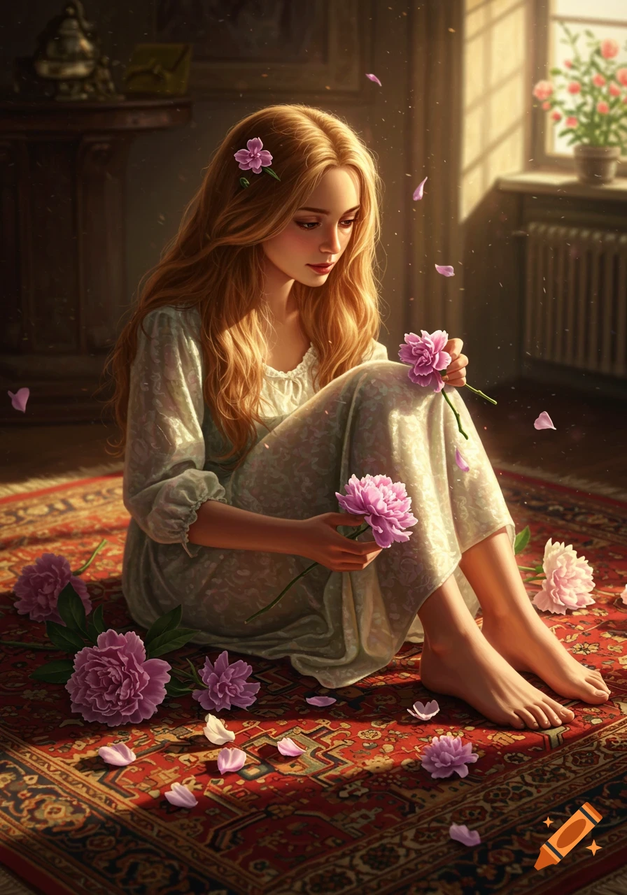 A beautiful girl with long blonde hair sits on a Persian carpet, gently holding pink flowers in a sunlit room.