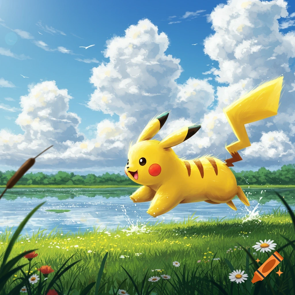 Artwork of Pikachu running and splashing water by a sunny lake, surrounded by green grass and white clouds.