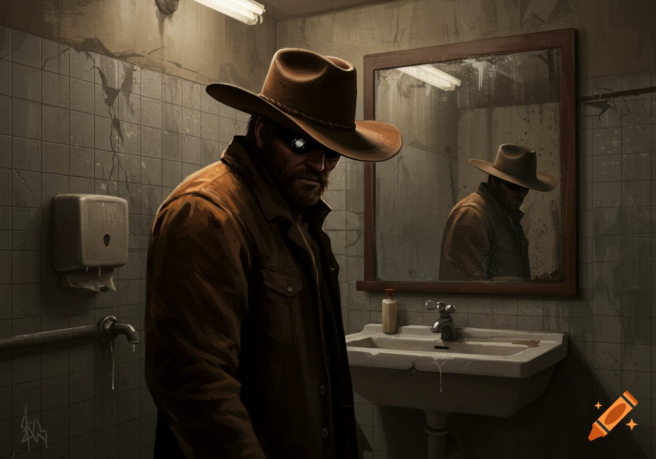 A man in a cowboy hat and brown jacket stands in a dilapidated public bathroom, looking down. His reflection is visible in the dirty mirror above a sink. The room has cracked tiles, a faulty fluorescent light, and a grimy paper towel dispenser, creating a gritty atmosphere.
