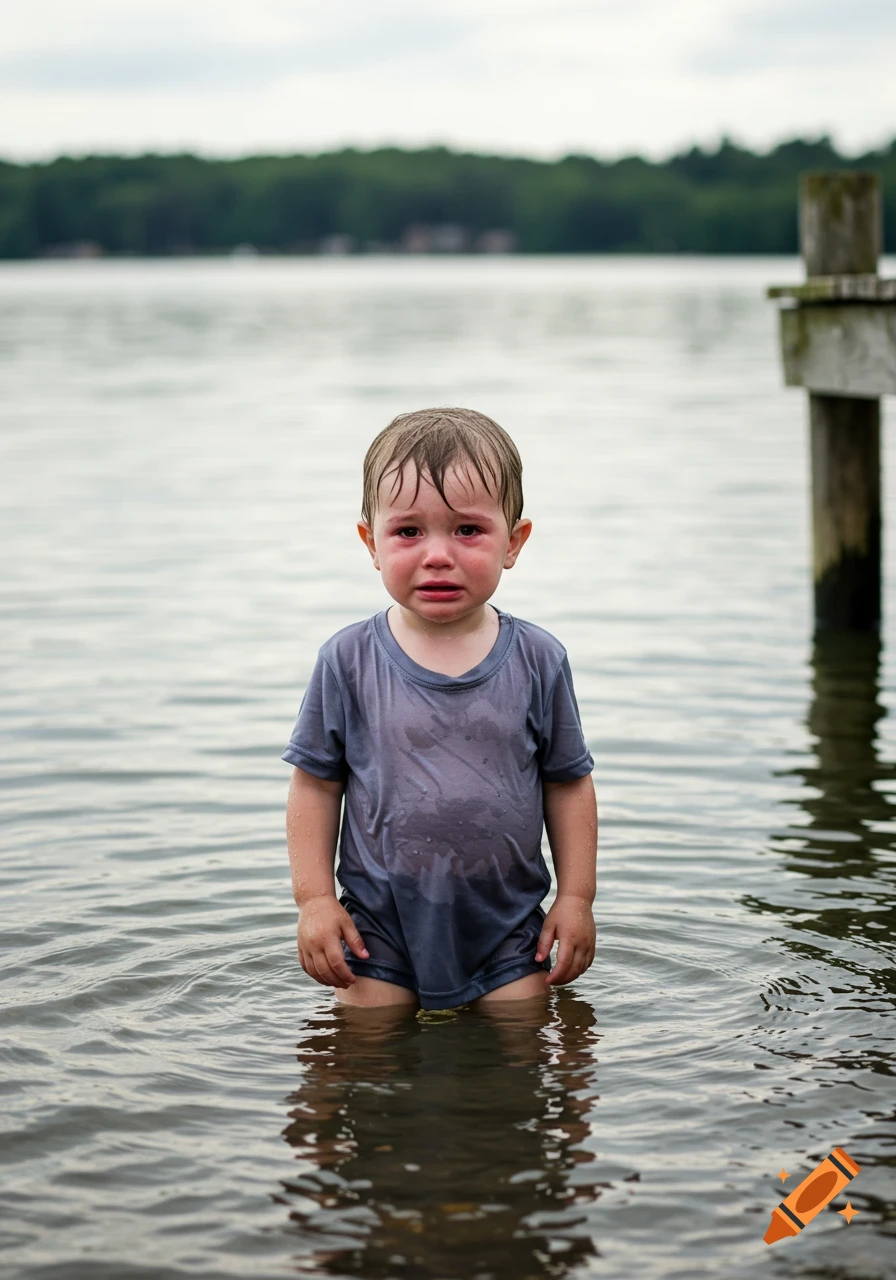 A young toddler stands in shallow water up to his waist, crying with a distressed expression. He wears a wet gray t-shirt, with a lake and distant trees in the background.