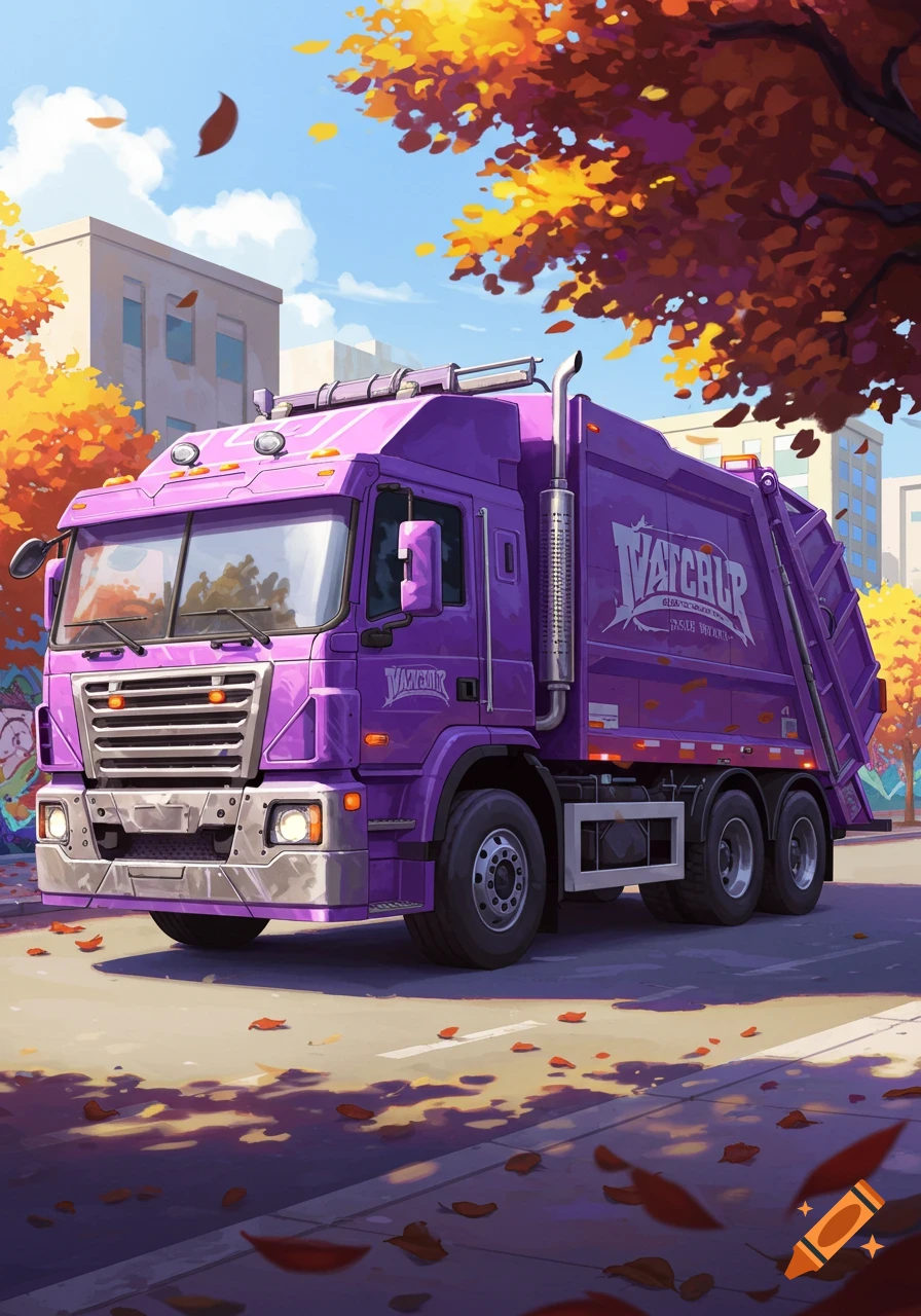A stylized purple trash truck parked on a city street in autumn, with orange and yellow trees and buildings in the background.