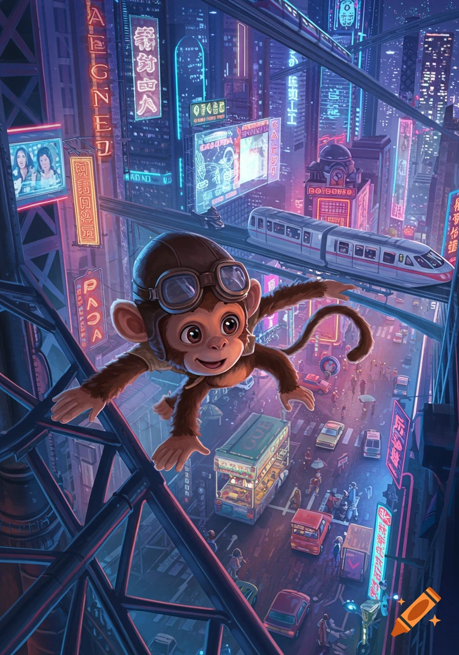 A cute cartoon monkey in aviator goggles and helmet floats above a vibrant, neon-lit cyberpunk city at night.