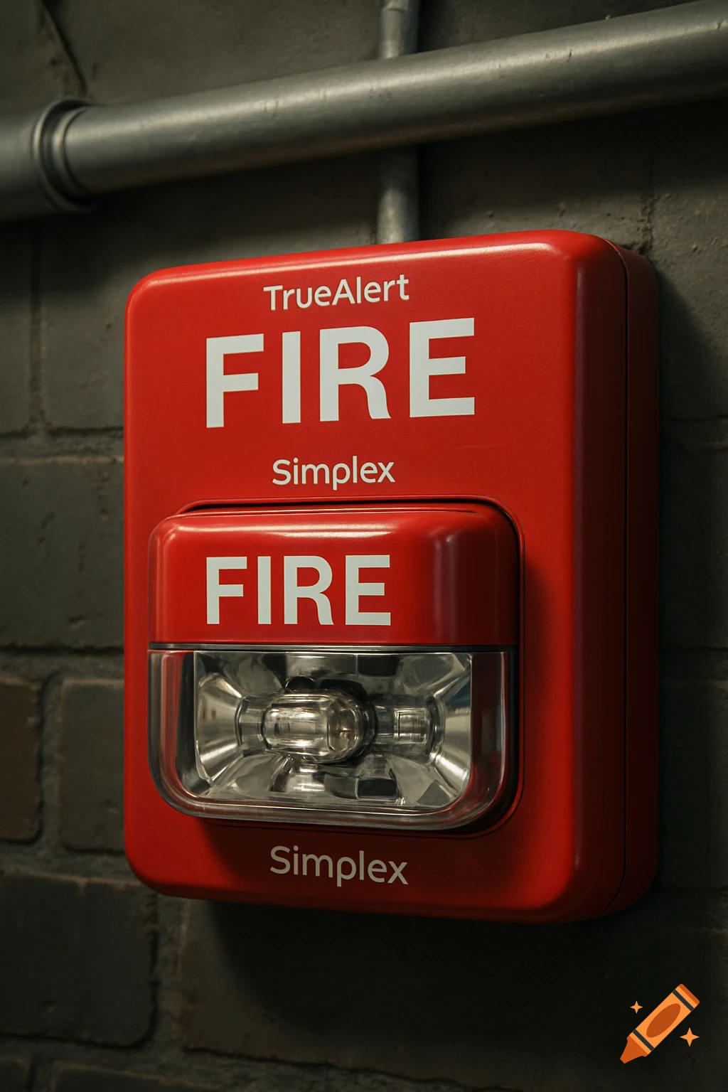 A red TrueAlert Simplex fire alarm mounted on a brick wall with a metal pipe above it, photorealistic.