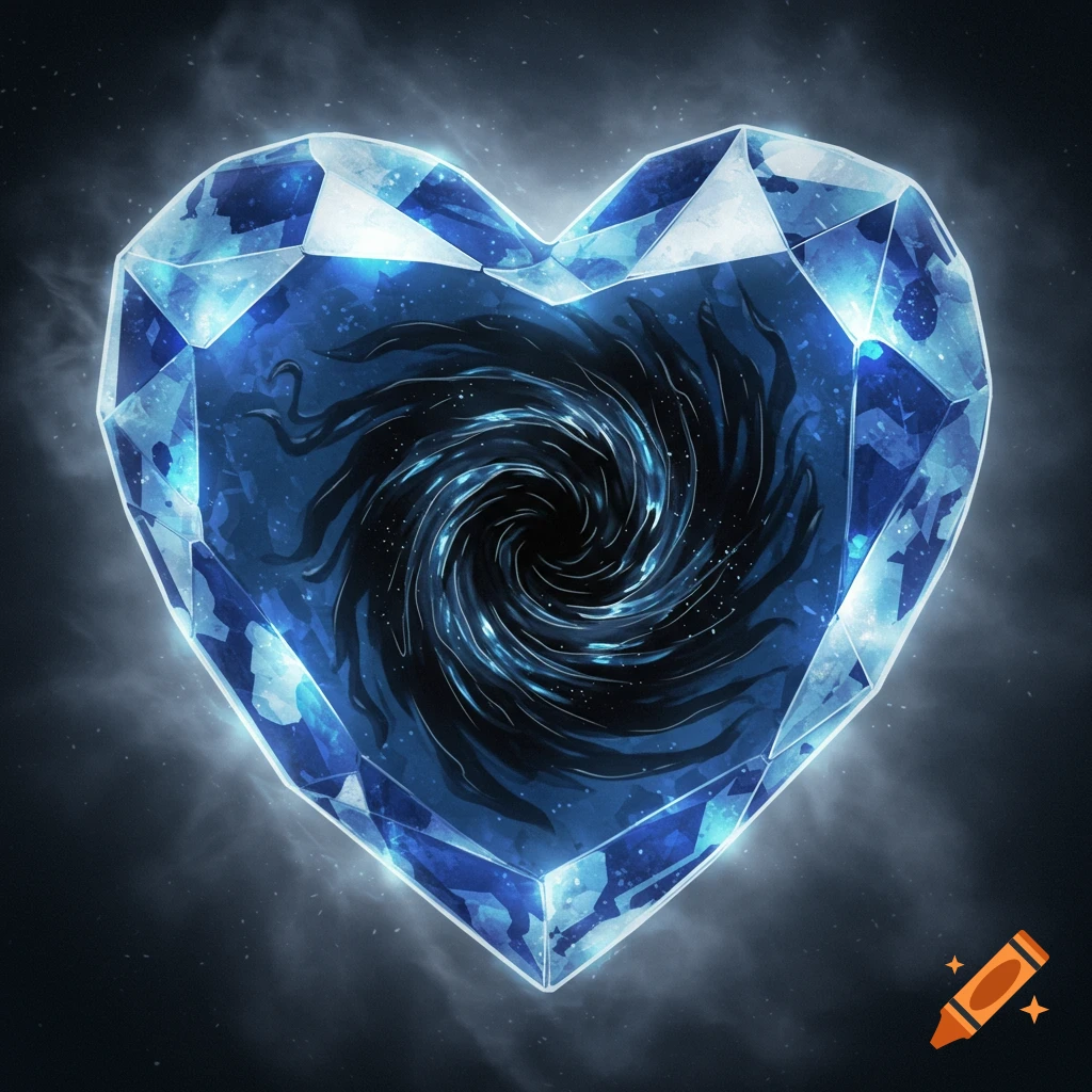 A faceted blue crystal heart glows, with a black swirling vortex at its center.
