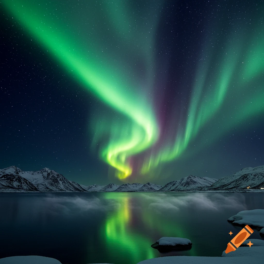 Vibrant green and purple aurora borealis dances across a starry night sky above snow-capped mountains and a reflective lake.