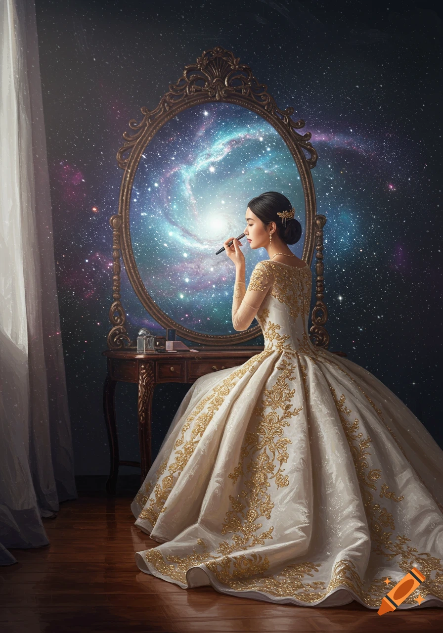 An Asian woman in an ornate white and gold gown applies makeup before an elegant mirror reflecting a swirling galaxy, in a room.