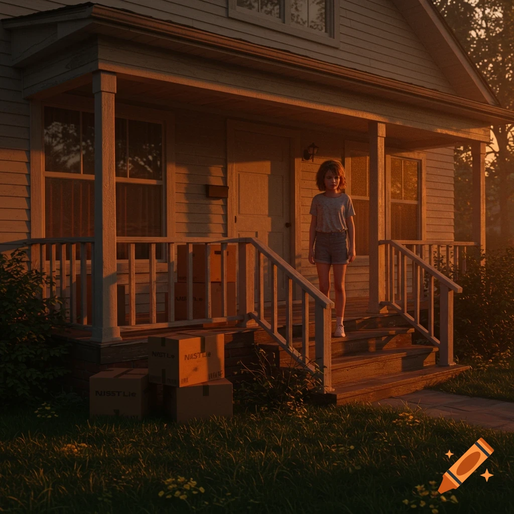 A young girl stands on a house porch with moving boxes in the golden light of sunset, evoking a 1990s horror film style.