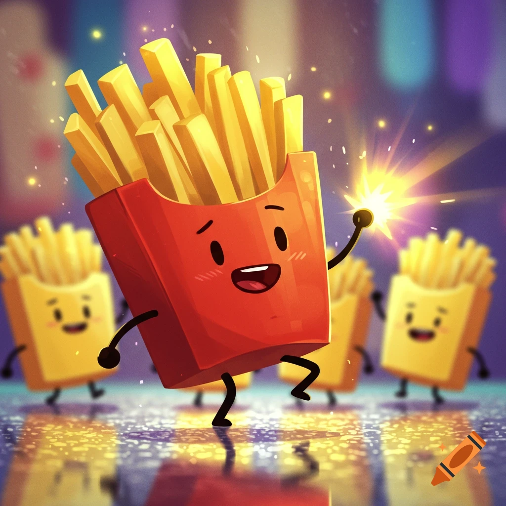 A joyful cartoon french fry carton dances holding a sparkler, with other blurry fries in a vibrant background on a shiny floor.