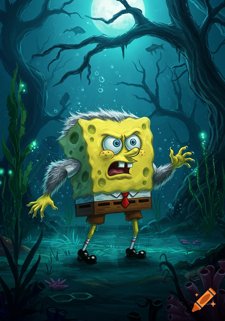 Spongebob Squarepants transforms into a snarling werewolf with gray fur, under a full moon in a dark, murky underwater forest.