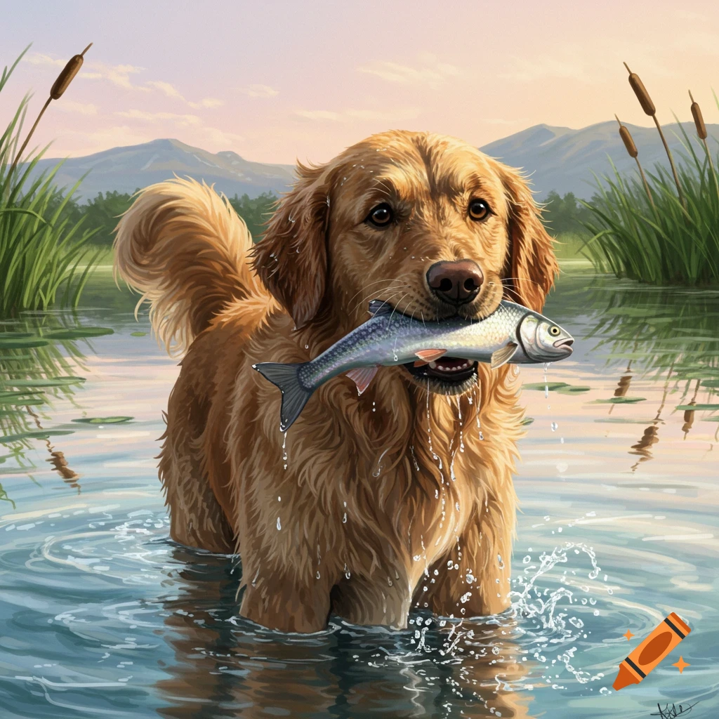 A golden retriever dog stands in a lake, holding a fish in its mouth, with reeds and mountains in the background at sunset, in an illustrative style.