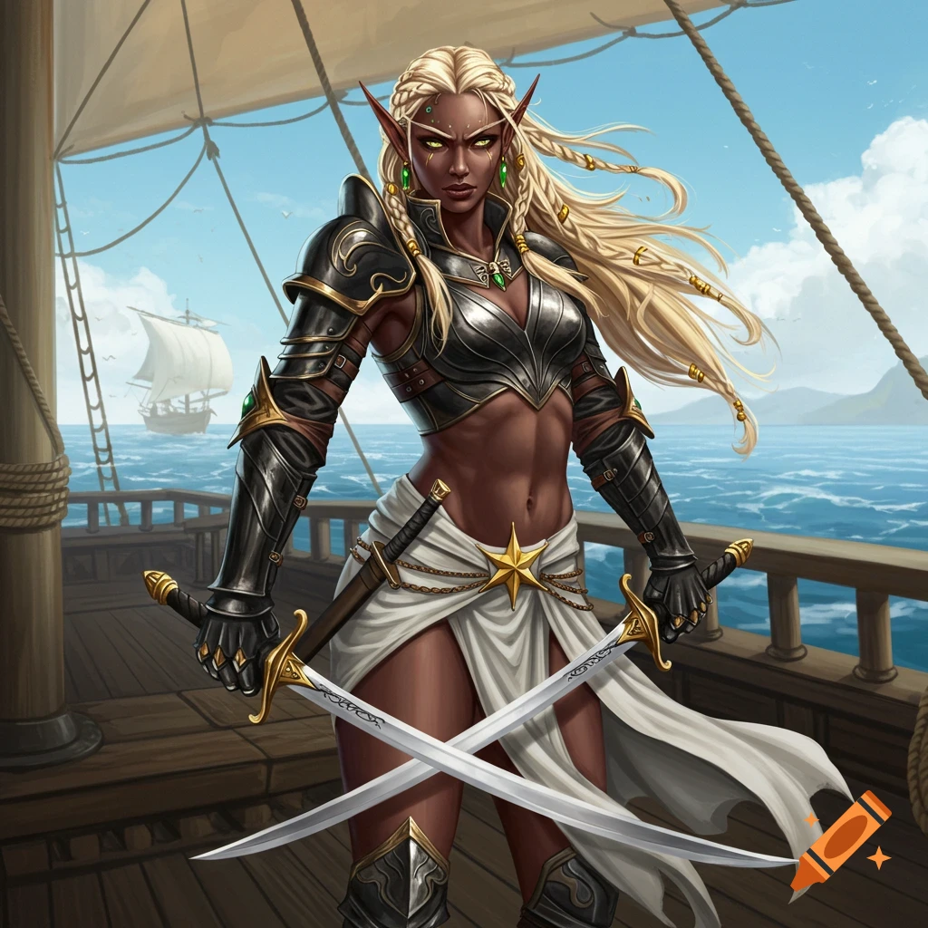 Dark-skinned elven warrior with blonde braids and black/gold armor on a ship deck, holding two crossed swords. Ocean background, fantasy style.