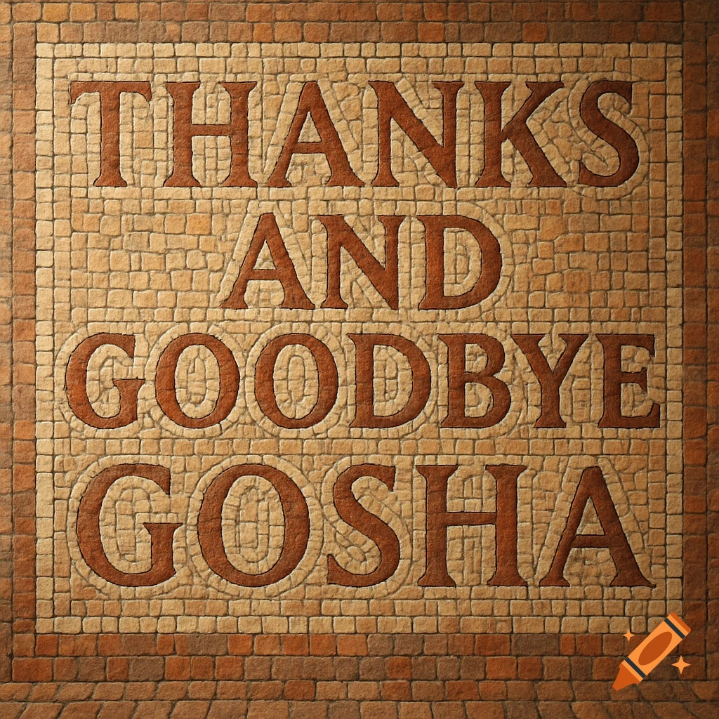 A rustic tile mosaic spells out 'Thanks and Goodbye Gosha' in brown letters on a light brown background with a darker border.