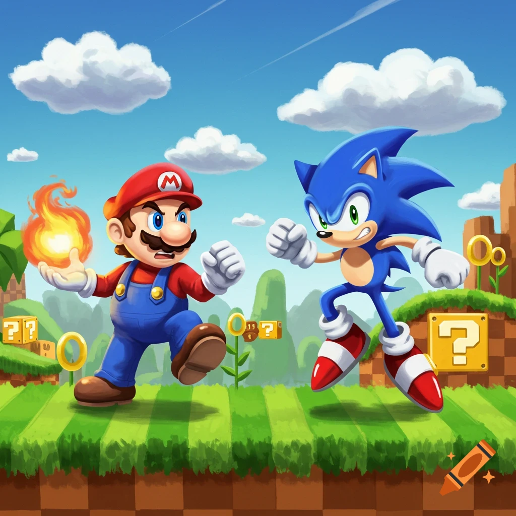 A vibrant illustration of Mario, holding a fireball, facing off against Sonic the Hedgehog in a colorful platformer world.