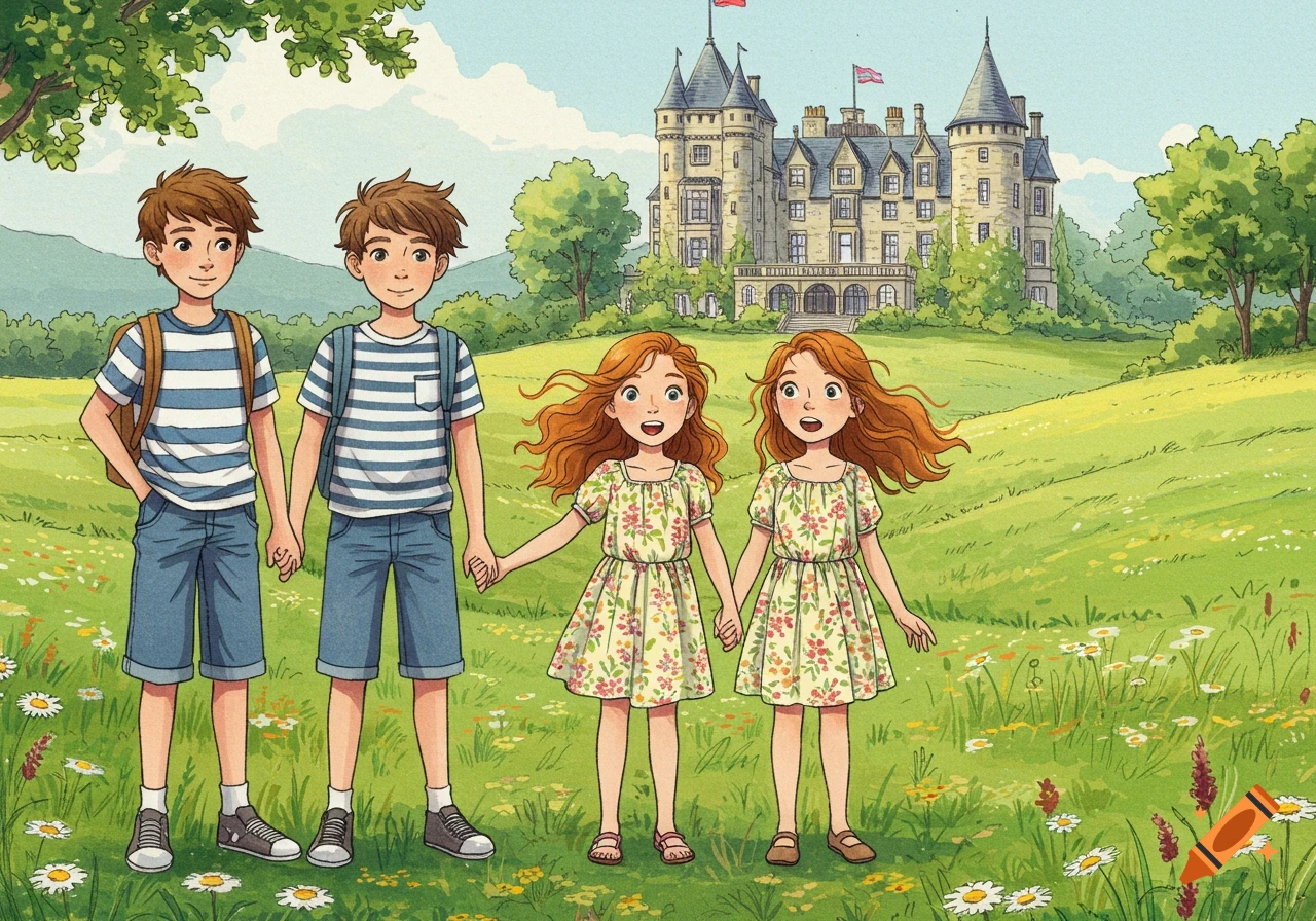 Illustration of two boys and twin girls holding hands in a wildflower meadow with a large castle hotel in the background.
