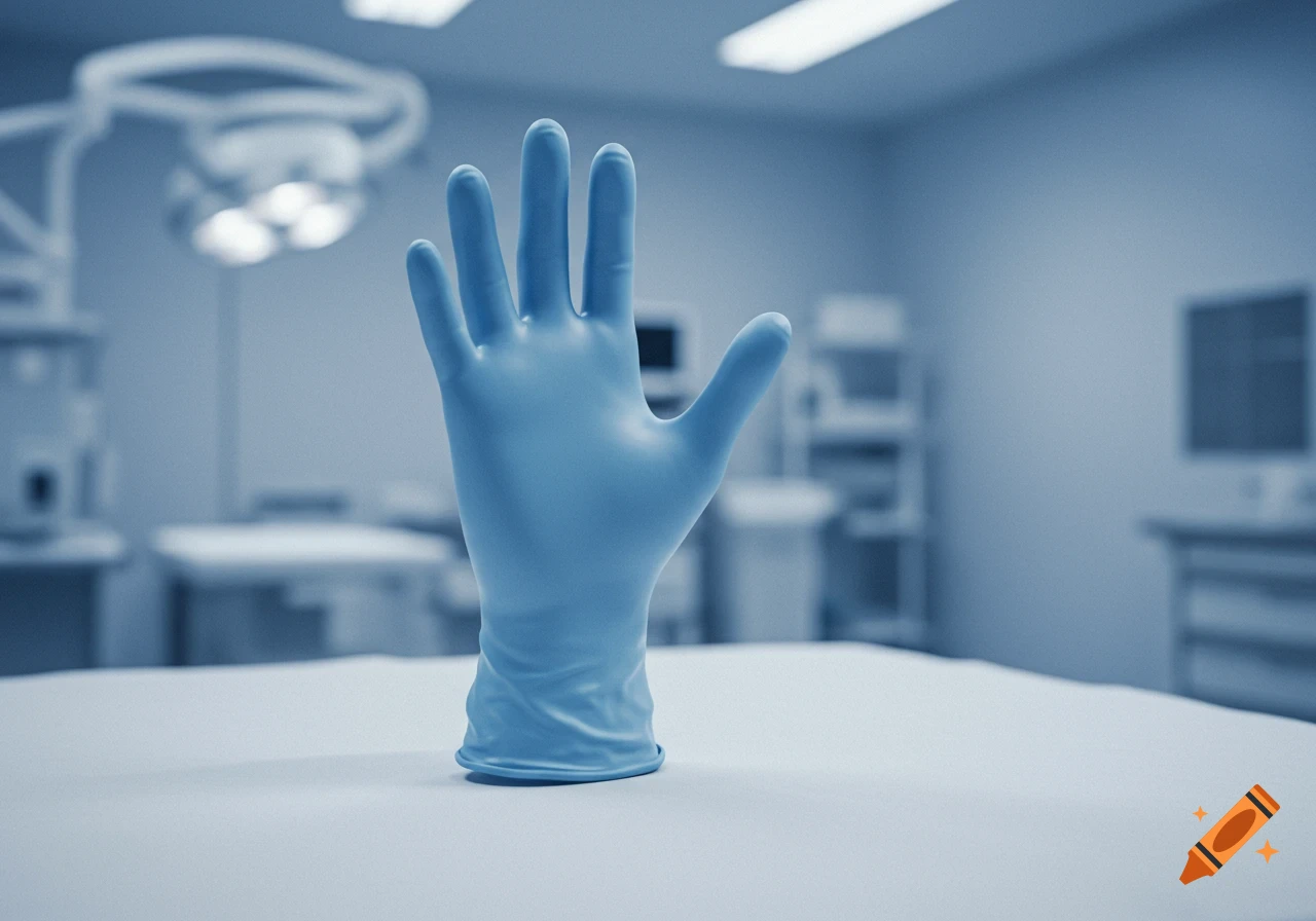 A single blue surgical glove stands upright on a white table in a sterile, brightly lit operating room, photorealistic.