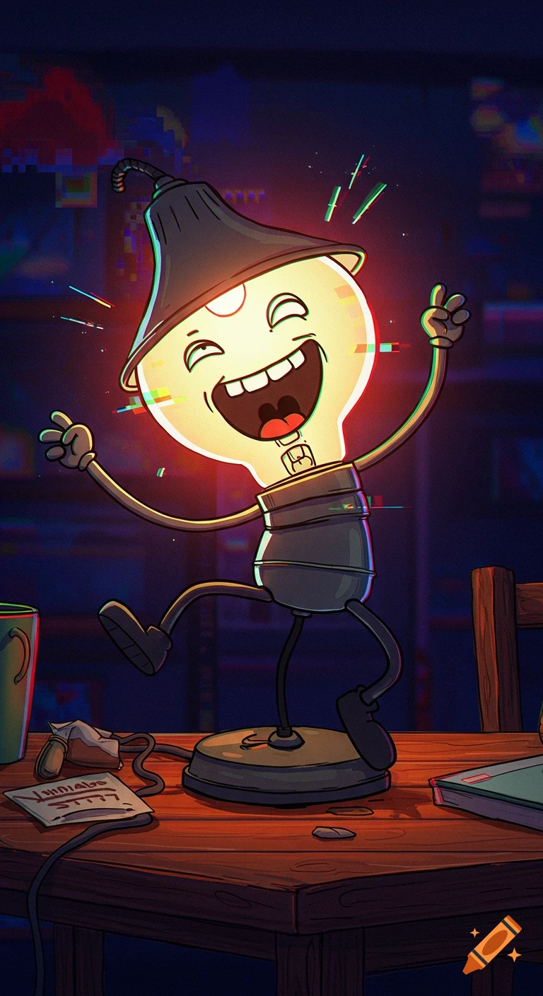 A cheerful, glitchy cartoon lightbulb character with arms and legs dances on a wooden table.