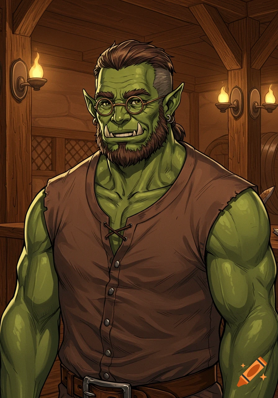 Manga-style drawing of a smiling green-skinned half-orc man with spectacles and a beard, wearing a brown vest, standing in a warm tavern.