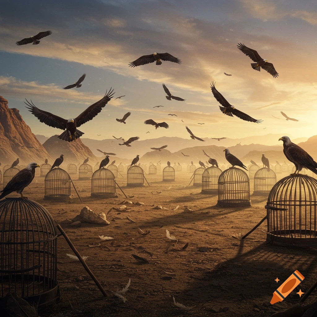 Eagles soar and perch on open cages in a vast, dry desert landscape with mountains under a dramatic sunset sky, depicting freedom.
