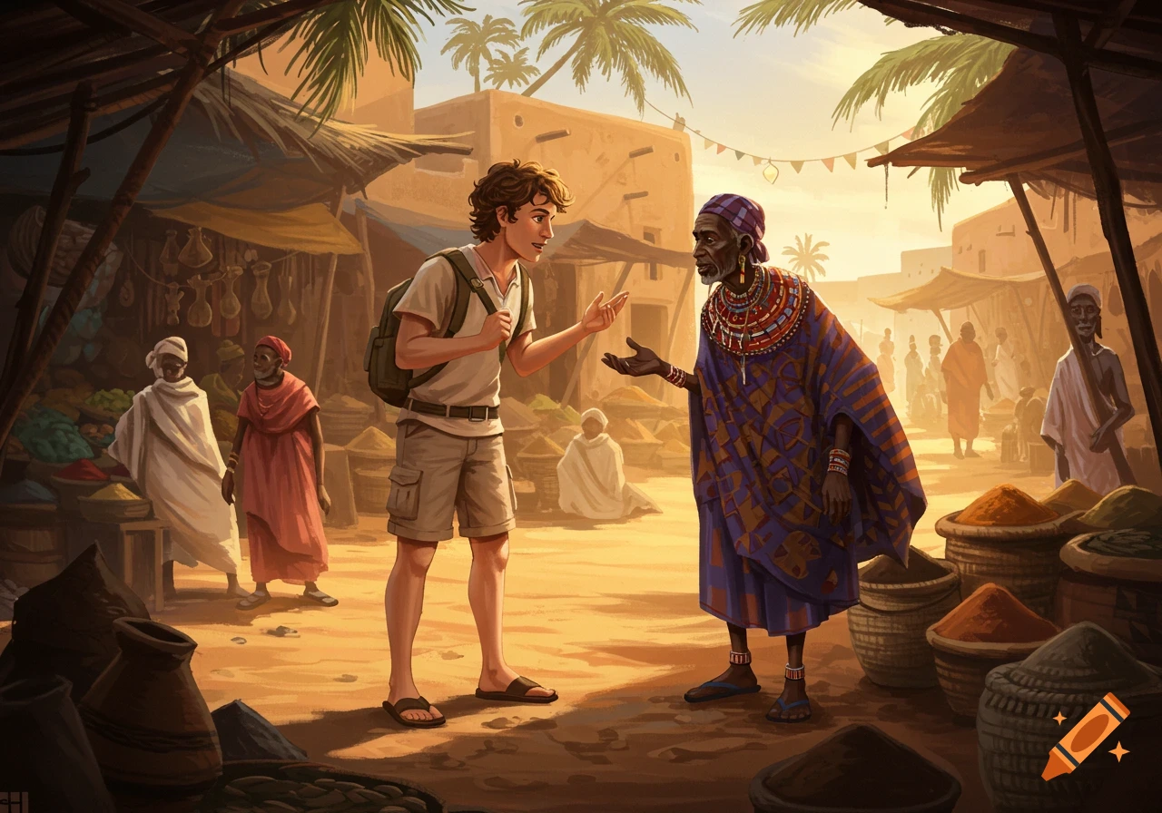 An illustrated scene of a young man with a backpack talking to an older person in traditional dress at a bustling outdoor marketplace in Africa.