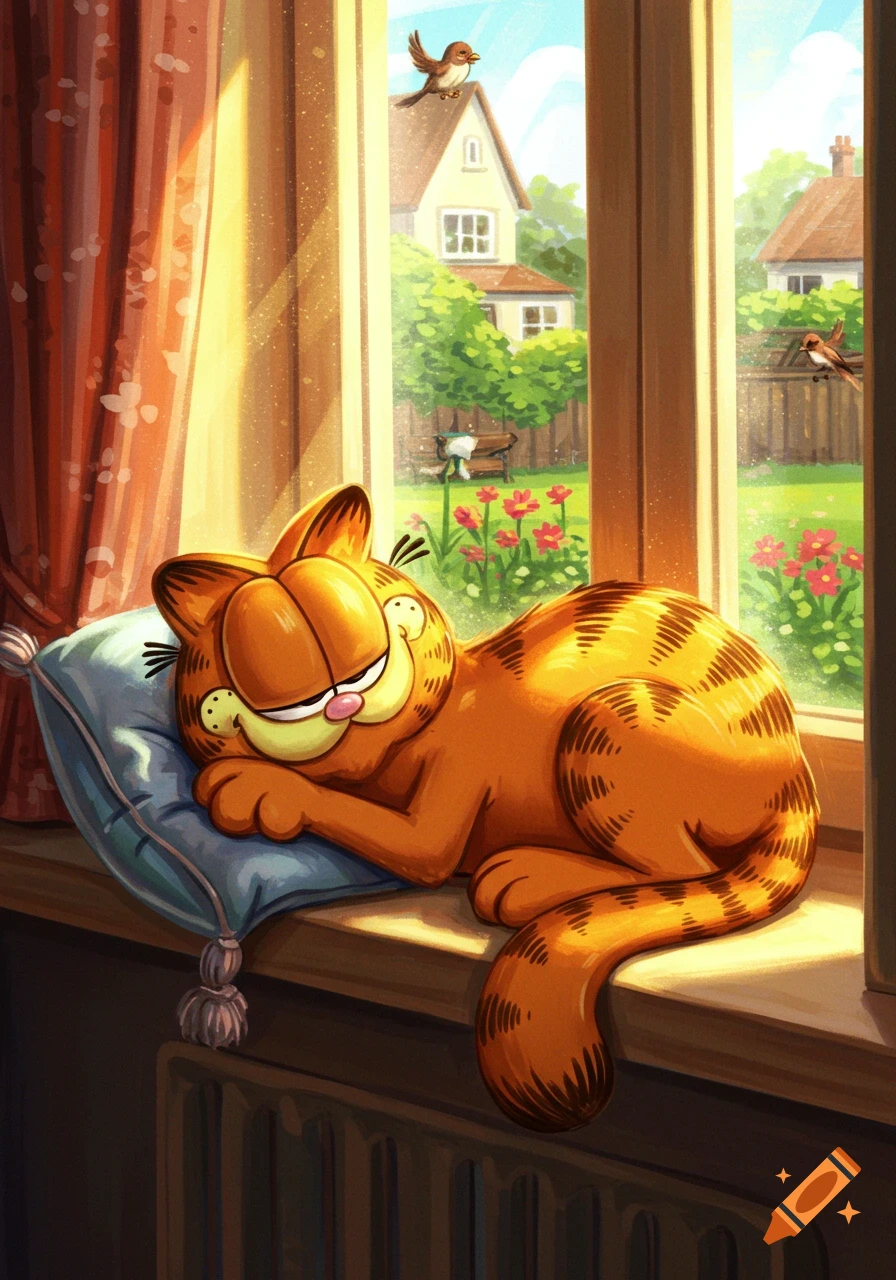 An illustration of Garfield the orange cat sleeping soundly on a blue pillow on a sunlit windowsill, overlooking a garden with houses.