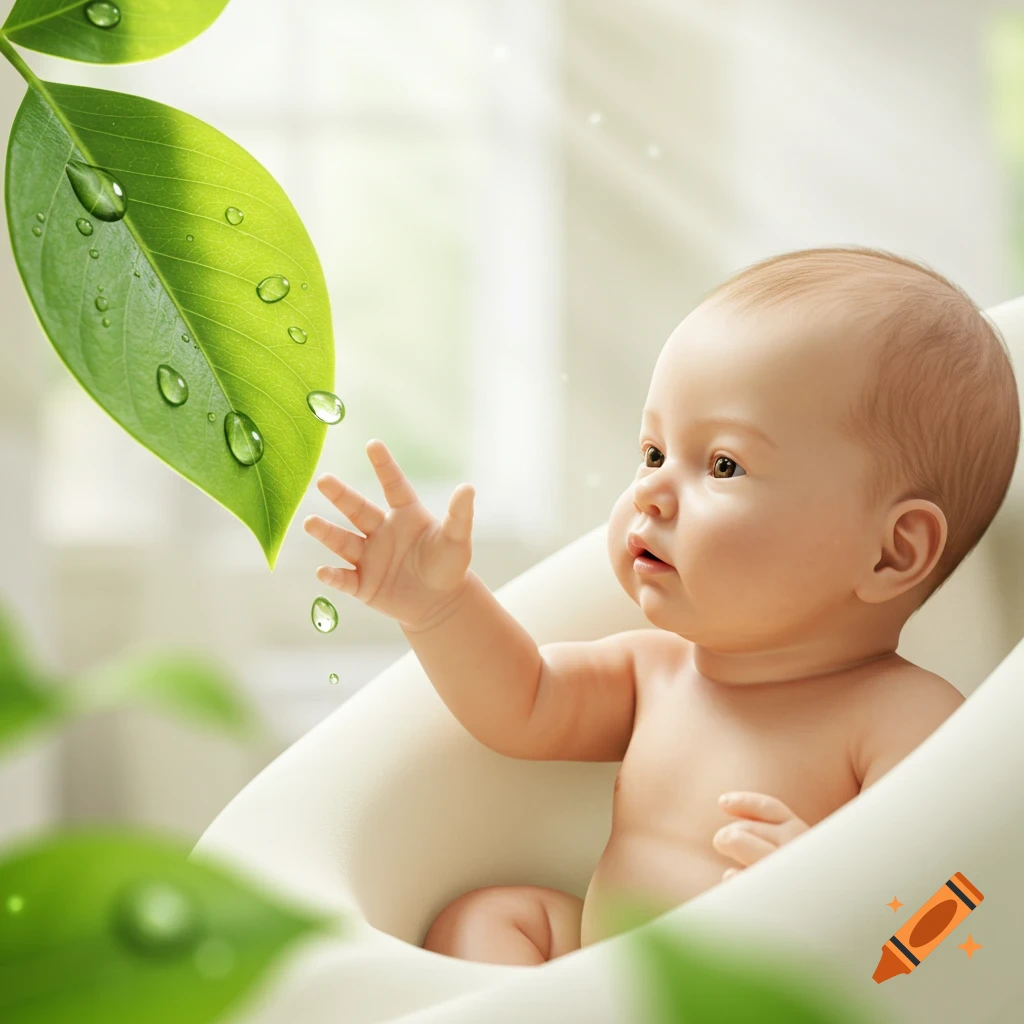 A baby with brown eyes reaches out to touch a large green leaf with water droplets, in a soft, bright setting.