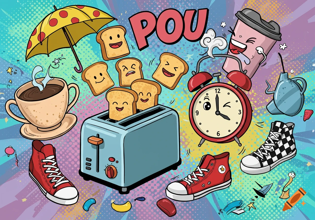 A vibrant pop art illustration featuring everyday objects with faces: toast popping from a toaster, a coffee cup, an alarm clock, an umbrella, sneakers, and the word POU.