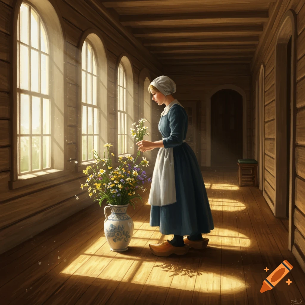 A woman in a traditional dress and wooden clogs arranges wildflowers in a vase in a sunlit wooden hallway.